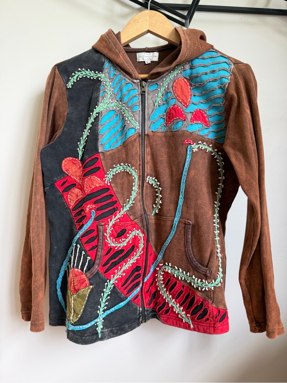 Embroidered Brown Patchwork Zip Hoodie with Multicolor Appliqué